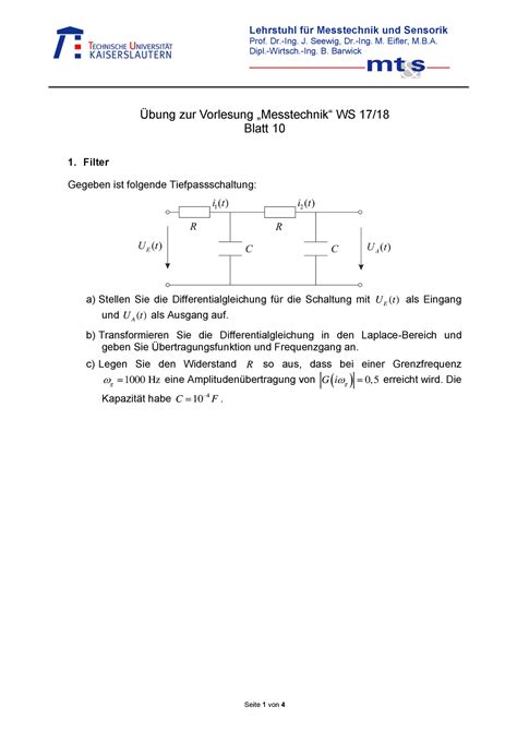 Übung MT 10 Filter Lehrstuhl für Messtechnik und Sensorik Prof Dr