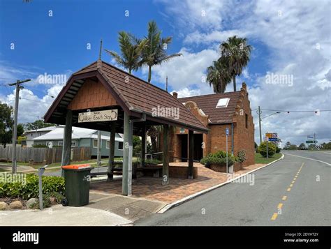 View of the historical coach stop and restrooms in the main street of ...