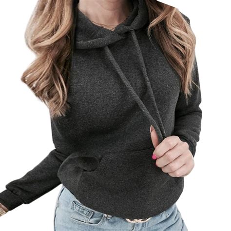 New Black Gray Hoodies Women Pocket Drawstring Detail Solid Casual