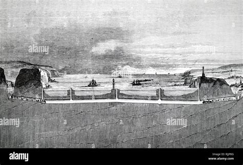 An engraving depicting a cross-section of the proposed Channel Tunnel between Dover and Calais ...