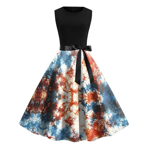 Summer Dresses For Women Round Neck Sleeveless Print Vintage Rockabilly Swing Dress Prom Party