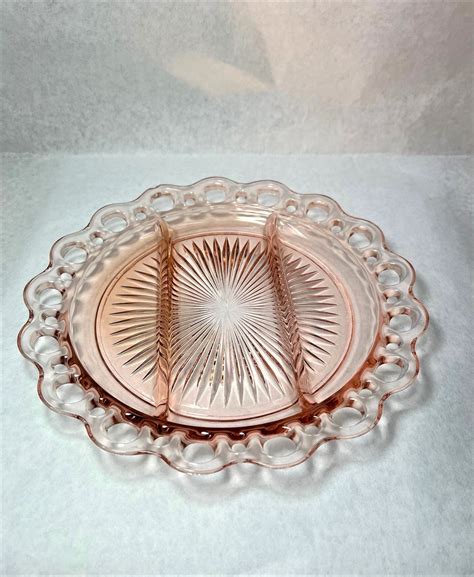 Vintage Anchor Hocking Pink Lace Depression Glass 3 Section Divided Relish Plate Etsy