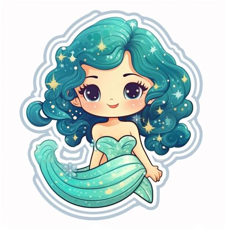 Premium AI Image Cartoon Mermaid With Blue Hair And Stars In Her Hair