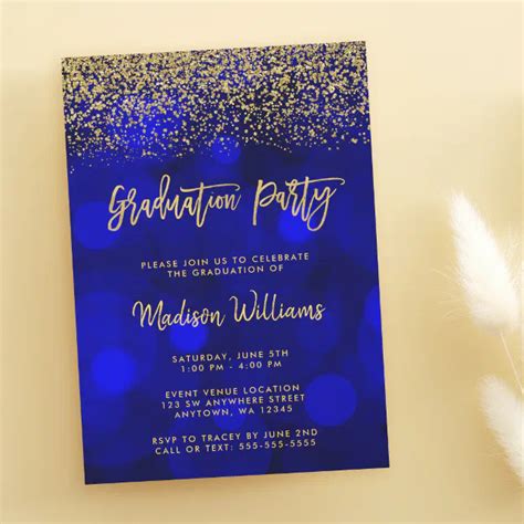 Modern Blue Faux Gold Glitter Graduation Party Invitation Zazzle