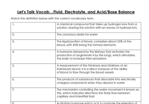 Fluid Electrolyte And Acid Base Balance Worksheet Physiology Biology