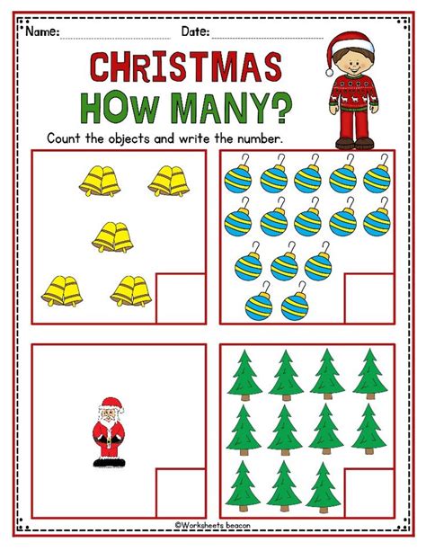 Christmas How Many Count And Write Worksheets Numbers