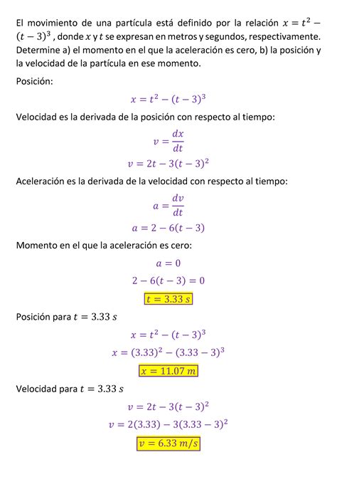 El movimiento de una partícula está definido por la relación x El