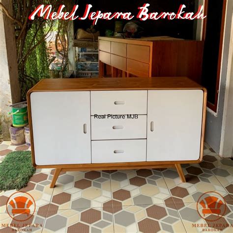 Jual Bufet Meja Tv Retro Kayu Jati Minimalis Kombinasi Duco Putih