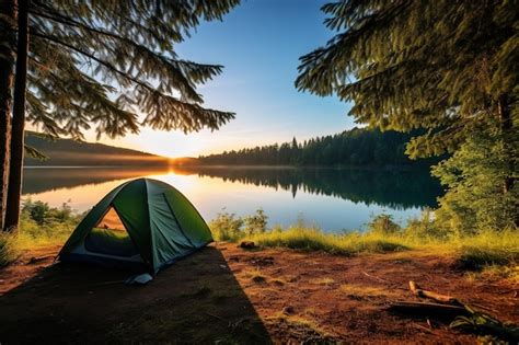 Premium Photo Camping Tent On The Shore Of A Lake At Sunset