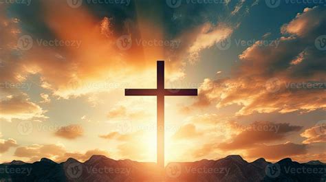 Empty Cross Of Jesus Christ Over Dramatic Sunrise Sky Panorama With