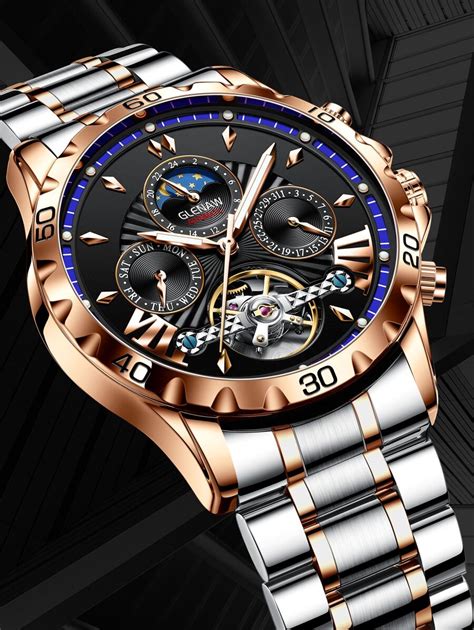 1pc Men Gold Stainless Steel Strap Business Calendar Rhinestone Decor