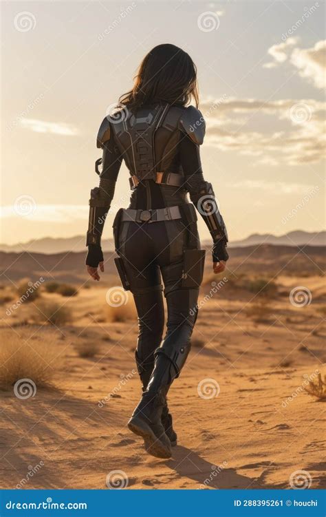 Pretty Brunette Woman Wearing Dark Futuristic Uniform On A Alien Desert