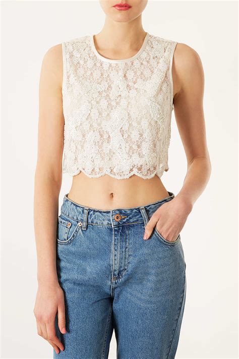 Lyst Topshop Daisy Sequin Lace Crop Top In White