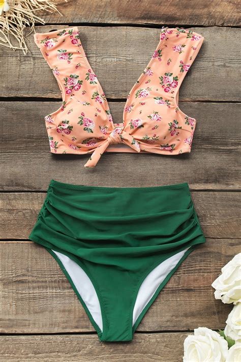 Bikini taille haute rose et vert à noeud devant Cupshe France