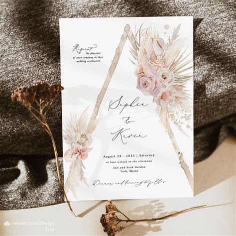 Paper Editable Pampam Grass Wedding Invitation Bohemian Wedding Invites Pampas Grass Invitation