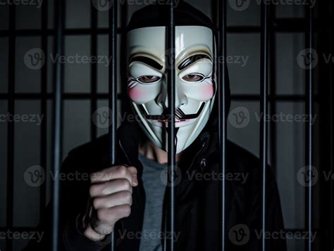 Anonymous hacker behind bars. Arrested in jail. Penalty due to