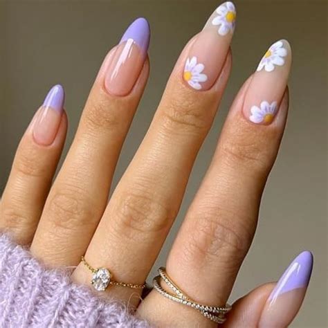 Amazon Purple French Tip Press On Nails Short Almond Nude Fake Nails With Daisy Short