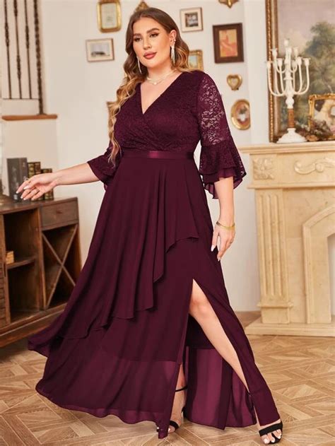 Curvysweet Plus Contrast Lace Flounce Sleeve Split Thigh Chiffon Dress