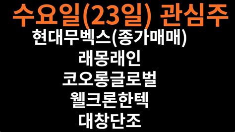 수요일23일 관심주 현대무벡스종가매매 래몽래인 코오롱글로벌 웰크론한텍 대창단조테마모듈러주택 건설기계 콘텐츠 해수