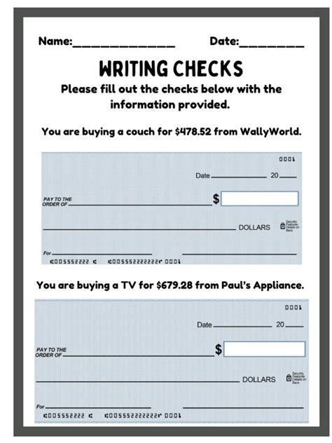 Writing Checks Worksheet Etsy