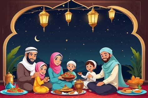 Feliz Iftar Família Muçulmana Ilustração vetorial Família muçulmana