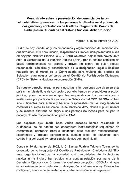 Comunicado Sobre La Presentaci N De Denuncia Por Faltas Administrativas