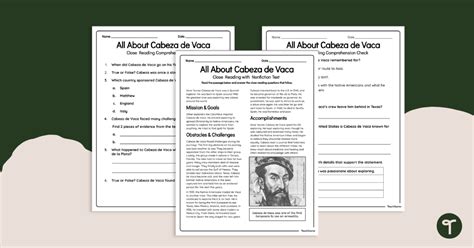 Alvar Nuñez Cabeza De Vaca Reading Worksheet Teach Starter