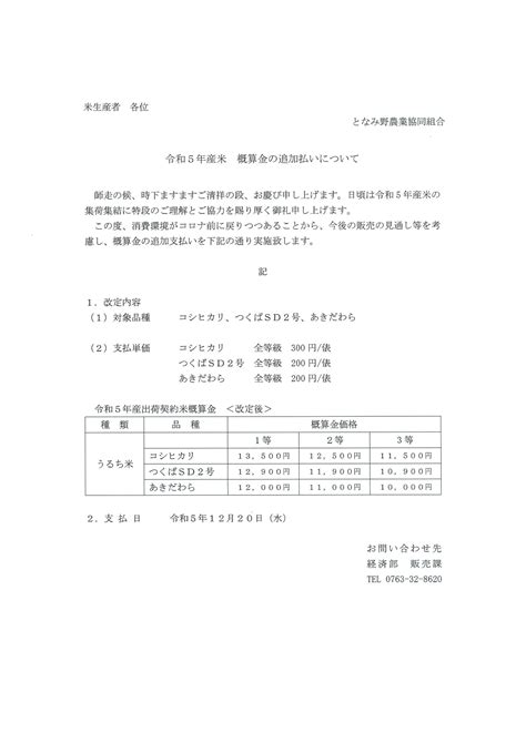 米生産者の皆様へ 令和5年産米概算金の追加払いについて お知らせ｜jaとなみ野 となみ野農業協同組合