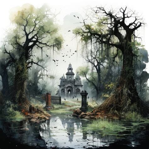 Premium Ai Image Hand Painted Watercolor Clipart Gothic Cemetery With