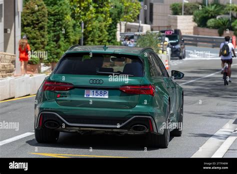 Monte Carlo Monaco Green Audi RS6 Avant C8 Driving On The Road Stock