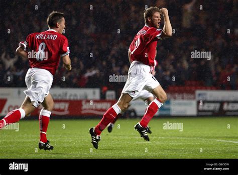 Charlton Athletic S Hermann Hreidarsson Celebrates Scoring Followed By