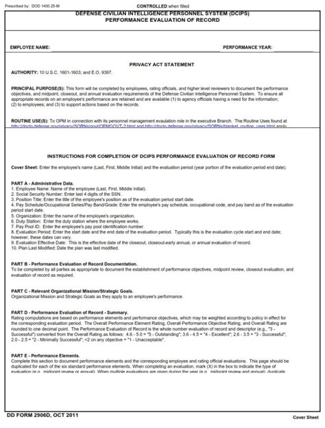 Dd Form 2906d Defense Civilian Intelligence Personnel System Dcips Performance Appraisal