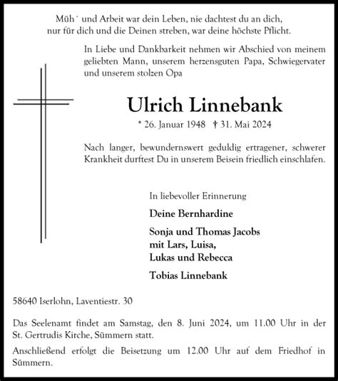 Traueranzeigen Von Ulrich Linnebank Trauer In Nrw De