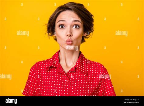 Photo Of Optimistic Nice Brunette Lady Blow Kiss Wear Red Shirt