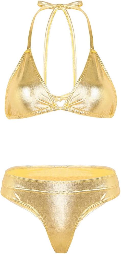 Yeahdor Damen Wetlook Bikini Set Metallic Dessous Set Unterw Sche