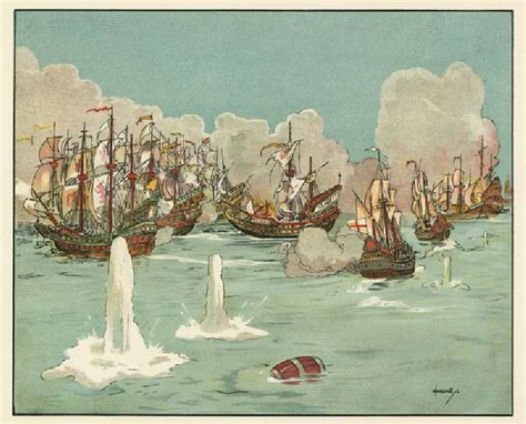 The First Days Fighting With The Invincible Armada Colour Litho