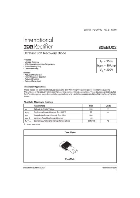 80EBU02 Datasheet, Diode, International Rectifier