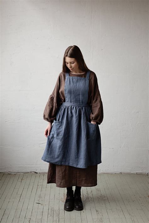 Dusty Blue Midi Cross Back Pinafore Linen Pinafore Linen Apron