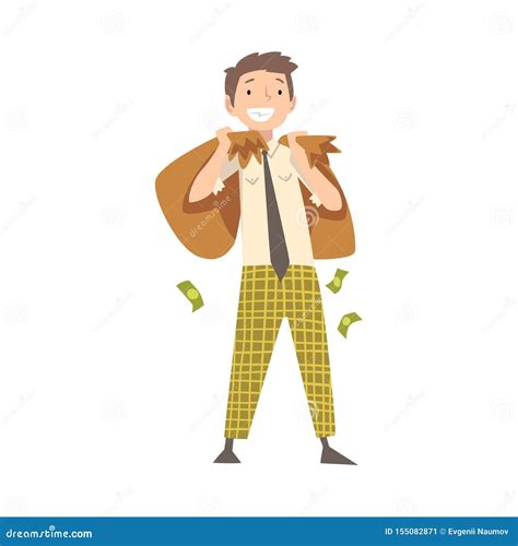 Happy Wealthy Man With Money Bags Lucky Successful Rich Guy Millionaire Vector Illustration