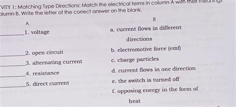 Activity Matching Type Directions Match The Electrical Terms In