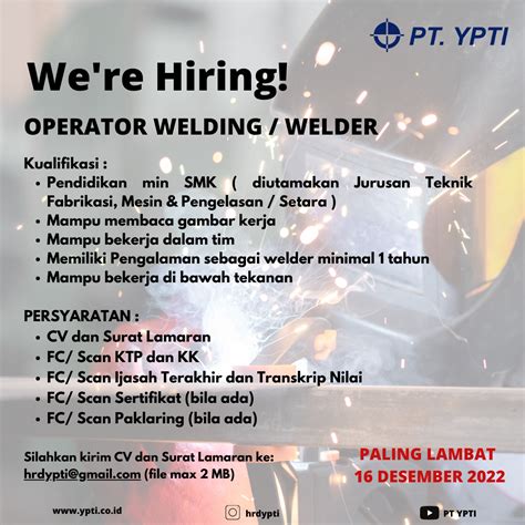 Lowongan Kerja Operator Welding Welder Di Pt Ypti Lokerjogjaid