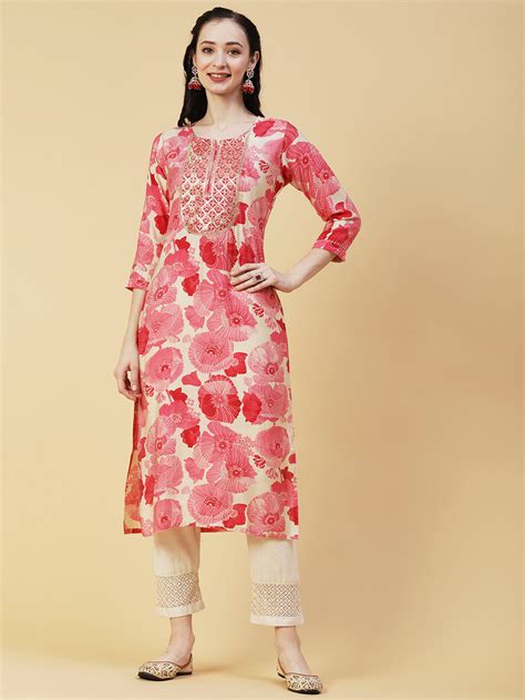 Abstract Floral Printed And Embroidered Straight Fit Kurta Pink Fashor