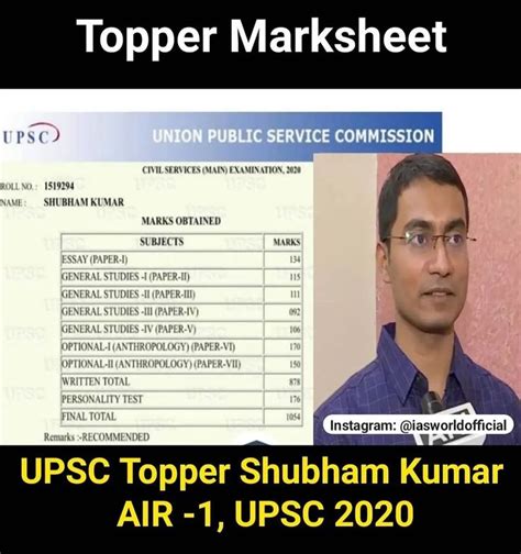 Upsc Exam Prep Shared A Photo On Instagram “upsc Topper Marksheet Shubham Kumar Air 1 Follow