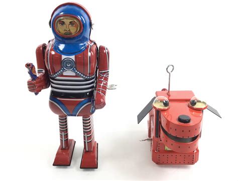 Lot Vintage Tin Litho Space Man And Rover Wind Up Toys