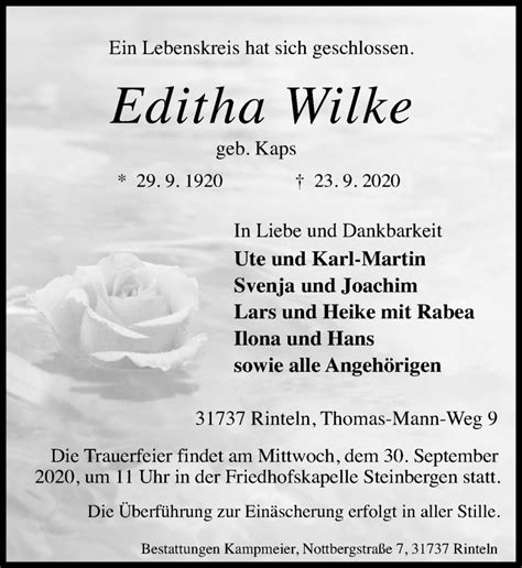 Traueranzeigen Von Editha Wilke Trauer Anzeigen De