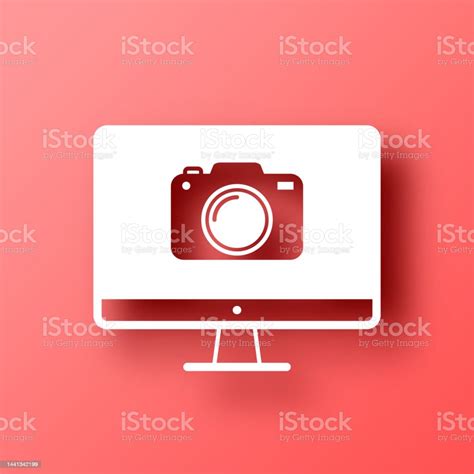 Desktop Computer With Camera Icon On Red Background With Shadow Stock Illustration - Download ...