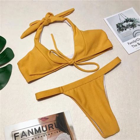 Lace Up Bikinis Set Plain Yellow Bikini 2018 Summer Swimsuits Bow