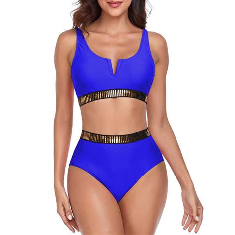 Sngxgn Women Bikini Sets Piece Swimsuit High Waisted V Neck Bathing Suits Blue L Walmart