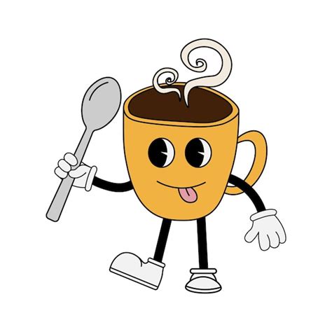 Personnage De Tasse à Café Tenant Une Cuillère à Café De Style Dessin Animé Des Années 70