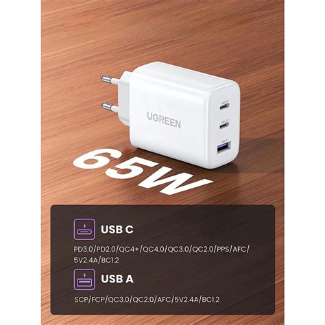 Carregador ugreen GaN 65W USB C pd Rápido 3 portas Compatível 20W